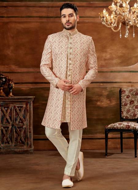Cream And Maroon New Latest Designer Party Wear Jacquard Nawabi Indo Western Collection 1139
